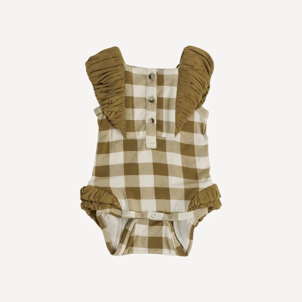 NWT Kate Quinn Henley Color Block Bubble Romper Fennel Gingham Bamboo 12-18m